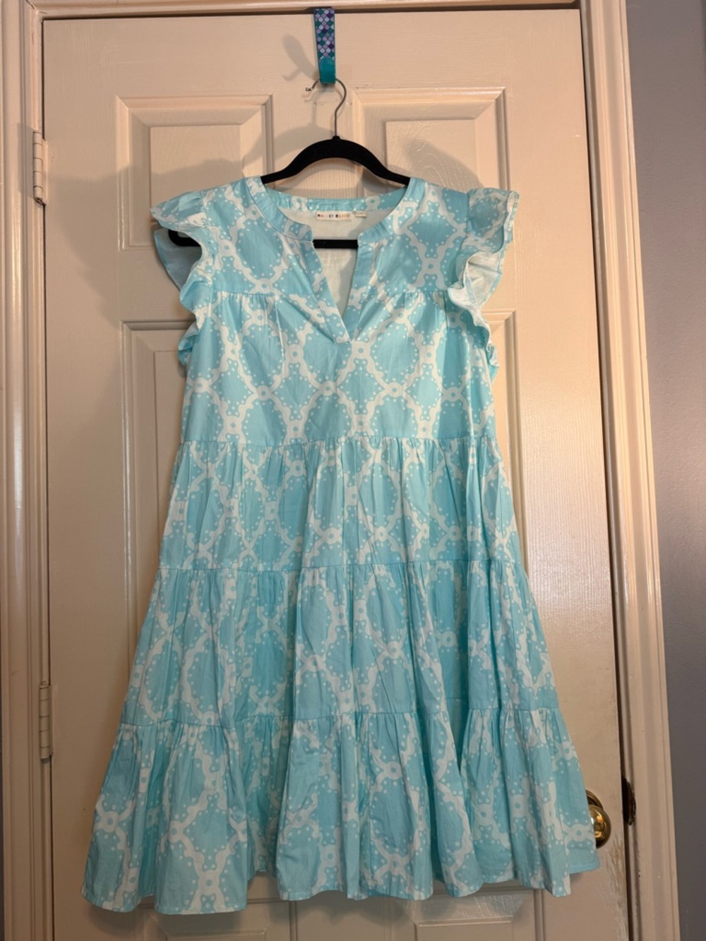 Roller Rabbit Aqua and White Polka Dot Collarless Top